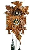 Schwarzwälder Kuckucksuhr aus Echtholz mit batteriebetriebenem Quartzwerk mit Kuckuckruf und Musikspielwerk - von Uhren-Park Eble - Eble -Fünflaub 30cm-