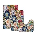 AMHNF 3 Stück bunte Boho-Blumen-Badematte, Vintage, Aquarell, Blatt, Rose, Pfingstrose, rustikal, schick, Landhaus-Badezimmer-Fußmatte, U-förmige Bodenmatte