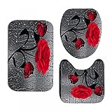 Badezimmer Badematte 3 Teilig Set Rose Flower Mädchen Mit Blumen Regentropfen Teppich Flanell Saugfähig Badteppiche Badvorleger Badgarnitur WC Vorleger