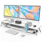 Fenge Dual Monitorständer mit Telefon/Pad Halter, 2 Etagen Groß Multifunktionaler Computer Laptop Bildschirm Riser 108x23,5x14,5cm Weiß
