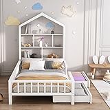 Hausbett Kinderbett Jugendbett 200x90 Funktionsbett mit Bücherregal Ablage mit Fallschutz Multifunktionsholz Kinderbett Jungen und Mädchen Weiß Schubladen Massivholz Kinderbett mit Lattenrost Weiß