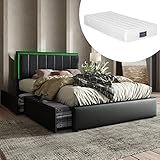 TVIAOH Bettgestell mit LED-Beleuchtungsleiste und 2 Schubladen, Inklusive Matratze, Einzelbett Polsterbett 90x200cm, Höhenverstellbarem Kopfteil, Funktionsbett, Schwarz (Mit Fernbedienung)