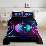 Basketball-Bettwäsche-Set, Sportspiel, 3-teilig, für Kinder, Teenager, Jungen, Raumdekoration, Neon-Aquarellfarben, geometrische Linien, Bettbezug, schwarze Mikrofaser, gesteppte Bettdecke mit 2