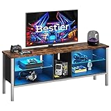 Bestier Entertainment Center, Gaming-TV-Ständer für 160CM Fernseher, LED-TV-Ständer mit moderner Glasablage, TV-Medienkonsole für Videospiele, Filme, Heimdekoration, Rustikales Braun