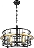 4-flammige Bauernhaus-Deckenleuchte, halbbündige Montage, rustikales Zuhause, luxuriöser Kronleuchter, industrielle Pendelleuchte in Schwarz und Gold, Metall-Finish, Trommel-Hängelampe für K