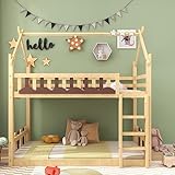 Etagenbett 90x200cm, Hausbett mit Treppe und Zäune, Kinderbett mit Fallschutz und Gitter, Rahmen aus Kiefer, Natur