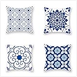 Blue Mandala Geometrie wasserdichte Kissenbezugen,4 Stück 65x65cm Dekorative Outdoor Kissen Wasserfest Atmungsaktiv Doppelseitige Leinen Kissenbezüge für Garten Bauernhaus Wohnzimmer Schlafzimmer