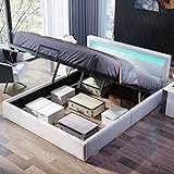 Moimhear Doppelbett,Polsterbett,140 * 200cm LED-Bett mit Lattenrost und Stauraum, beleuchtetem Kopfteil,Kunstleder & Holz (Weiß)