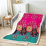Loussiesd Boho Mandala Decke 150x200cm Bohemien Stil Kuscheldecke für Kinder Mädchen Schlafzimmer Wohnzimmer Dekor Exotisch Blumen Wohndecke Rose Rot Grün Flanell Fleecedecke Weich