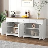 Vanplas Sideboard mit weißer Holzmaserung, 4 Türen mit 3 Schubladen für Wohnzimmer& Esszimmer,160 L x 37 B x 75H(cm)