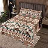 Gestepptes Queen-Size-Bettwäsche-Set, exotischer nordischer Stil, böhmische Tagesdecke, indischer Stamm, Geometrie, ethnischer Tribal-Pfeil, Retro, geometrisches Dreieck, Diamant, Beige,Braun
