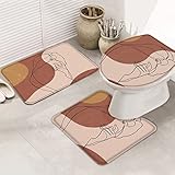 Badematten Set 3 Teilig Frauen Im Mittleren Jahrhundert Strichzeichnungen Retro Minimalistische Kunst Braun Gelb Waschbar Contour Badteppich Anti-Rutsch Wc-Deckelbezug Badgarnitur Matte