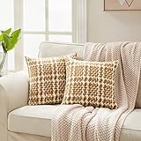 YOUDENOVA 2er Set Kissenbezüge aus Leinenimitat im Boho-Deko-Stil,Kissenhüllen mit verstecktem Reißverschluss für Dekokissen und Sofakissen. 45x45 Braun kariert