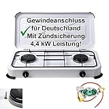 Campingkocher Gaskocher 2 flammig mit Zündsicherung inkl. Gasschlauch und Gasregler mit 360°-Manometer Gas Füllstandsanzeige und Schlauchbruchsicherung 3 4