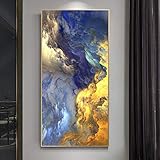 BIEMBI Modernes nordisches abstraktes goldenes und blaues Wolken-Leinwandgemälde, Poster und Druck, Wandkunst, Bild für Wohnzimmer, Heimdekoration, 80 x 140 cm, rahmenlos