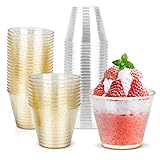 DASIAUTOEM 60 Stück Plastik Dessertbecher, 270ml Desserttassen mit Goldglitter, Mini Desserttasse für Hochzeiten Geburtstage, Partys, Wiederverwendbare Dessertschalen für Pudding Mousse Pudding Eis