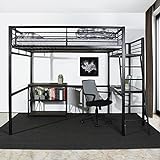 Furniish Hochbett für Erwachsene, aus schwarz lackiertem Metall, mit Lattenrost + Schreibtisch + Aufbewahrung – 140 x 190 cm