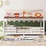 XPSSJMU Kinderbett Hausbett 90x190 cm Mit Und Stoffzeltaufsatz Lattenrost Und DachMobiler Zeltständer Rausfallschutz Jugendbett- Weiß,weiß+Massivholz+Bett -90x200 cm