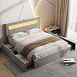 Merax Polsterbett 140x200cm mit LED-Beleuchtung und 4 Schubladen, Doppelbett Bettgestell mit Lattenrost und hohem Kopfteil, großer Stauraum, Samt, Jugendbett, Grau, ohne Matratze