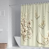 Duschvorhang 180 X 200, Duschvorhang Antischimmel Beige 3D Blumen und Schmetterlinge Polyester
