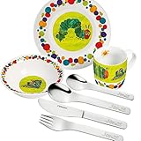 Sterngraf Kinder-Set Raupe Nimmersatt 7tlg. mit Gravur (z.B. Namen) personalisiertes Kinderbesteck + Kindergeschirr (Teller, Schale, Tasse)