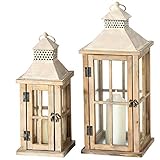 2er Set Innen Außen Laternen Balkon Windlichter Holz Hellbraun Shabby Chic Glas Tür Wohnzimmer Dekoration