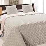 Euromat Tagesdecke Steppdecke Bettüberwurf Gesteppte Zweiseitig Tagesdecke mit 2 Kissenbezüge 40x40 cm- (Helllachs Grau Silber Beige- 13, 220x240 cm)