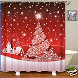 PLEETS Duschvorhänge Rot & Weihnachtsbaum Duschvorhang aus Polyester mit 12 Duschvorhangringe Badezimmer Wasserabweisend und Anti-Schimmel waschbare badvorhang 150x180cm