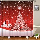 PLEETS Duschvorhänge Rot & Weihnachtsbaum Duschvorhang aus Polyester mit 12 Duschvorhangringe Badezimmer Wasserabweisend und Anti-Schimmel waschbare badvorhang 150x180cm