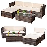 Melko Rattan Gartenmöbel Set Braun Couch mit Tisch, Hocker und Stuhl, aus Polyrattan, wetterfest und robust, Gartengarnitur für Balkon, Garten oder Terrasse