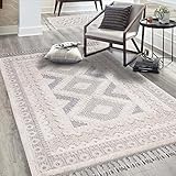 carpet city Teppich Wohnzimmer Boho-Stil Creme, Graublau - 160x230 cm - Bordüren-Look - Relief-Optik, 3D-Effekt - Cut-&Loop, Sisal - Moderne Fransen-Teppiche Schlafzimmer