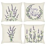 Bonhause 4er Set Kissenbezüge Blumen Lila 45 x 45 cm Lavendel Polyester Leinen Dekorative Kissenhülle Zierkissenbezüge für Sofa Schlafzimmer Wohnzimmer Auto Zuhause Dekoration