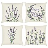 Bonhause 4er Set Kissenbezüge Blumen Lila 45 x 45 cm Lavendel Polyester Leinen Dekorative Kissenhülle Zierkissenbezüge für Sofa Schlafzimmer Wohnzimmer Auto Zuhause Dekoration