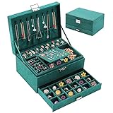 Withosent Schmuckkästchen, Schmuckschatulle aus Samt mit 2 Ebenen, Schmuckbox Schmuckkoffer für Damen, Schmuckkästen für Ringe, Ohrringe, Halsketten und Uhren, mit Schloss und Schlüssel, Dunkelgrün