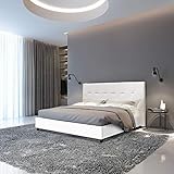 Dmora Doppelbett mit Kopfteil, Made in Italy, Struktur aus Holz und Kunstleder, 172x203xh100 cm, Farbe Weiß