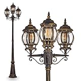 3-köpfige 2,28 m lange europäische Victoria-Metall-Retro-Außensäulen-Pollerleuchte, klassische braune Park-Hochmast-Säulenleuchte, Gemeinschafts-Innenhof-Garten-Landschafts-Säulenleuchte