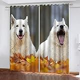 Gardinen Blickdicht 2er Set Weißer Schweizer Schäferhund Verdunklungsgardine 3D Vorhang Lichtundurchlässig Wärmeisolierung Schlafzimmer schmücken Tiere Herbstlandschaft Vorhang 280x260（2x140x260）