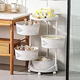 SHAIRMB 3/4/5 Stufe Schwenkbares Lagerregal, Lagerregal mit feststellbaren Rollen und abnehmbar Aufbewahrungskorb, Bodenmontage Rotierendes Lagerregal, für Küche Badezimmer Wohnzimmer,Weiß,4 Tier