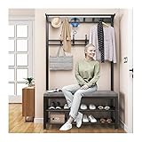 Moderne Eingangsbereich Flur Baum Garderobe Aufbewahrung Schuhbank mit 3-in-1 Design 10 Haken Schuhregal und Sitzkissen Metallrahmen für Schlafzimmereingang (Farbe: Schwarz, Größe: 80 x 33 x 170 cm)