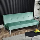 buybyroom Samt Klappsofa Couch Schlafsofa 3-Sitzer-Sofabett Kunstleder mit Komfortschaum, Kiefernholzbeine, 164x77x73cm, Hellgrün
