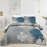 WONGS BEDDING Tagesdecke 220x240 Blau Blumen Bettüberwurf Weiche Sommerdecke Gesteppte Decke für Doppelbett Mikrofaser Bettdecke mit 2 Kissenbezug 48x75