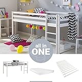 Homestyle4u 2253, Kinder Hochbett Lattenrost Matratze Leiter 90x200 cm Weiß Massiv Spielbett Jugendbett Etagenbett