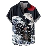 Xmiral Lässige Herren Lose Sea Print Kurzarm Manschetten Knopf Port Stil Blumenhemd Sand Strand Sommer Top Ärmelloses Hemd Herren Schwarz (Schwarz-E,Schwarz-E)
