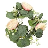 Garneck Kerzenringe Rose Eukalyptus Kerzenkranz Frühlingskranz Kerzen Kranz Ringe Dekokranz Weidenkranz Blumenkranz Hochzeit Kerzenhalter für Stumpenkerzen Stabkerzen Landhaus Deko