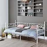 FetiNes Tagesbett Bettgestell 90x190 cm Bett, Metal Wasserdicht Familienbett Gästebett Metallbett Jugendbett Einzelbett Sofabett für Schlafzimmer Wohnzimmer passend, Weiß