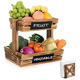 Obstkorb aus Holz mit Tafeln, 2-stufiger Obst und Gemüse Aufbewahrung Obstschale, Distressed-Holz-Serviettenhalter für Gemüse Snacks Brot Küche, Obst Etagere, Obstregal