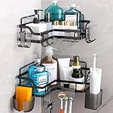 Dvocel Duschablage ohne Bohren Schwarz Duschregal Rostfrei Edelstahl Badezimmer Regal Wand Selbstklebende Duschkorb mit 10 Haken Shampoo Halterung für Dusche 2 Stück für Badezimmer & Küche