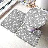 Set 3 Teilig Badvorleger Weiße Rentier Weihnachtstier Wildtier Feiertags Hirsch Silhouette Grauer Hintergrund U-Förmigen Contour Matte Anti-Rutsch 3-Teiliges Badteppich-Set, Für Badewanne