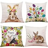 BUSCANDO 4Stück Osterhasen Kissenbezüge Ostern Kissenhülle Osterdeko Zierkissenbezüge Zierkissen Dekokissen Zierkissenbezüge Frühling Nostalgie Osterdekoration Polyester Kissenhülle 45x45cm
