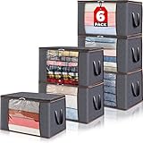 Lifewit 6 Stück 60L Aufbewahrungstasche, Aufbewahrungsbox mit Deckel, Kleiderschrank Organizer Faltbare Kleideraufbewahrung Umzugskartons mit Verstärkt Griff für Bettdecken Kleidung Decke, Grau